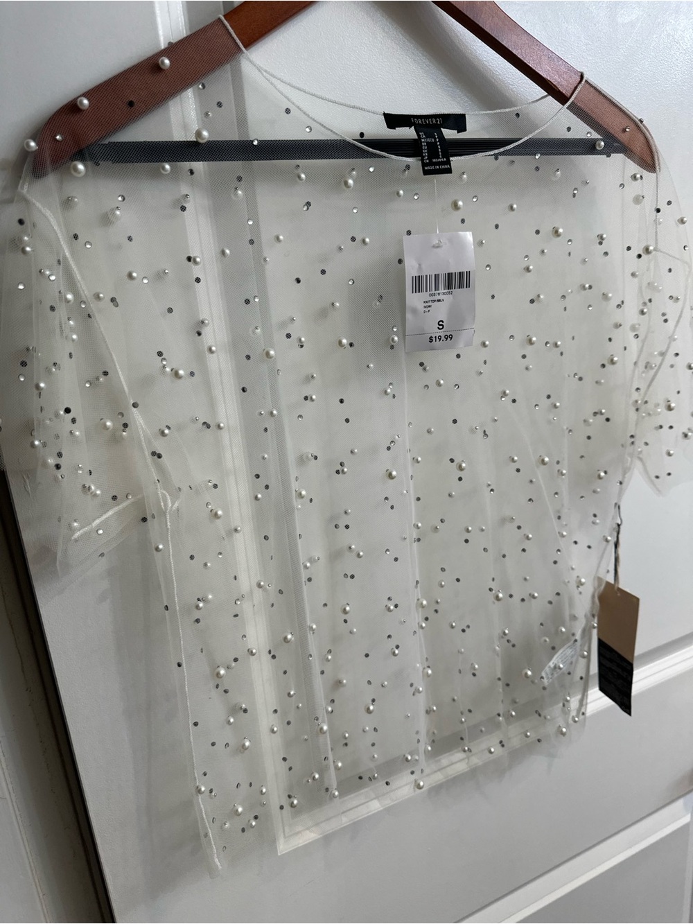 Forever 21 Sheer Pearl & Rhinestone Embellished Top - Cream